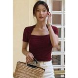 Tarz Cool Kadın Bordo Kuğu Yaka Slim Kısa Kollu Fit Crop Bluz