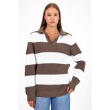 Tarz Cool Kadın Çizgili Şeritli Comfort V Polo Yaka Triko - Vizon - Beyaz - S