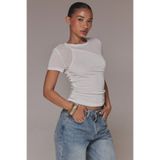 Tarz Cool Kadın Flamlı %100 Pamuk Transparan Detaylı Slim Fit Kısa Kollu Tişört