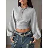Tarz Cool Kadın Gri Bisiklet Yaka Belden Oturtmalı Tasarım Sweatshirt