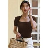 Tarz Cool Kadın Haki Kuğu Yaka Slim Kısa Kollu Fit Crop Bluz - Acı Kahve - XL
