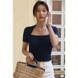 Tarz Cool Kadın Haki Kuğu Yaka Slim Kısa Kollu Fit Crop Bluz - Lacivert - XL