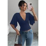 Tarz Cool Kadın Lacivert Kruvaze Yaka Yarasa Kol Likralı Şık T-Shirt