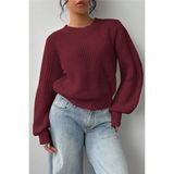 Tarz Cool Kadın Lacivert Oversize Bisiklet Yaka Balon Kol Fitilli Triko Kazak - Bordo - S - M