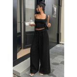 Tarz Cool Kadın Müslin Yüksek Bel Bol Paça Beli Lastikli Pantolon - Siyah