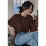 Tarz Cool Kadın Oversize Basic Kahverengi Tişört Yan Bağlamalı Rahat Kesim Günlük Yazlık T-Shirt