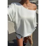 Tarz Cool Kadın Oversize Düşük Omuz Basic Tişört – Salaş Kesim Yazlık Rahat T-Shirt - Beyaz - L - XL