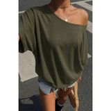 Tarz Cool Kadın Oversize Düşük Omuz Basic Tişört – Salaş Kesim Yazlık Rahat T-Shirt - Haki - S - M