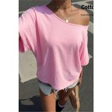 Tarz Cool Kadın Oversize Düşük Omuz Basic Tişört – Salaş Kesim Yazlık Rahat T-Shirt - Pembe - L - XL