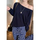 Tarz Cool Kadın Oversize Uzun Kollu T-Shirt Lacivert Geniş Kayık Yaka %100 Pamuk Casual Stil - S - M