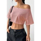 Tarz Cool Kadın Pembe Kayık Yaka Oversize Crop T-Shirt