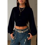 Tarz Cool Kadın Siyah Bisiklet Yaka Belden Oturtmalı Tasarım Sweatshirt