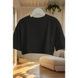 Tarz Cool Kadın Siyah Bisiklet Yaka Oversize Crop Tişört - %100 Pamuklu Basic Kısa Kol - S - M