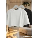 Tarz Cool Kadın Siyah Bisiklet Yaka Oversize Crop Tişört - %100 Pamuklu Basic Kısa Kol - Siyah - Beyaz - S - M