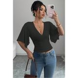 Tarz Cool Kadın Siyah Kruvaze Yaka Yarasa Kol Likralı Şık T-Shirt