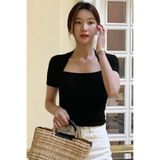 Tarz Cool Kadın Siyah Kuğu Yaka Slim Kısa Kollu Fit Crop Bluz