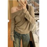 Tarz Cool Kahverengi Kadın Düşük Omuz Kayık Yaka Oversize Uzun Kollu T-Shirt