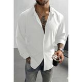 Tarz Cool Keten Görünümlü Yarım Oversize Uzun Kollu Erkek Gömlek - Beyaz