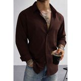 Tarz Cool Keten Görünümlü Yarım Oversize Uzun Kollu Erkek Gömlek - Kahverengi