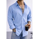 Tarz Cool Keten Görünümlü Yarım Oversize Uzun Kollu Erkek Gömlek - Mavi - 2XL