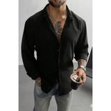Tarz Cool Keten Görünümlü Yarım Oversize Uzun Kollu Erkek Gömlek - Siyah - XL
