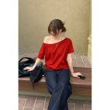 Tarz Cool Kırmızı Kadın Düşük Omuz Kayık Yaka Oversize T-Shirt