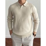 Tarz Cool Koyu Gri Erkek Polo Yaka Fitilli Triko Kazak - Kırık Beyaz - XL