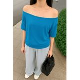 Tarz Cool Koyu Mavi Kadın Düşük Omuz Kayık Yaka Oversize T-Shirt