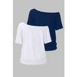 Tarz Cool Lacivert Beyaz 2li paket Kadın Düşük Omuz Kayık Yaka Oversize T-Shirt