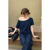 Tarz Cool Lacivert Kadın Düşük Omuz Kayık Yaka Oversize T-Shirt