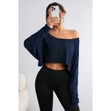 Tarz Cool Lacivert Kadın Düşük Omuz Kayık Yaka Oversize Uzun Kollu Crop T-Shirt