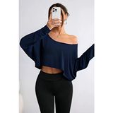 Tarz Cool Lacivert Kadın Oversize Düşük Omuz Kayık Yaka Pamuklu Uzun Kollu Crop T-Shirt - S - M