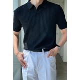 Tarz Cool Mat Siyah Erkek Fitilli Polo Yaka Triko T-Shirt