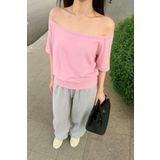 Tarz Cool Pembe Kadın Düşük Omuz Kayık Yaka Oversize T-Shirt