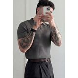 Tarz Cool Premium Fitilli Triko Polo Yaka Erkek Old Money T-Shirt - Füme - XL