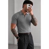 Tarz Cool Premium Fitilli Triko Polo Yaka Erkek Old Money T-Shirt - Gri