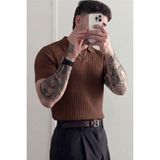 Tarz Cool Premium Fitilli Triko Polo Yaka Erkek Old Money T-Shirt - Kahverengi