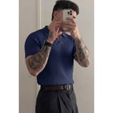 Tarz Cool Premium Fitilli Triko Polo Yaka Erkek Old Money T-Shirt - Lacivert