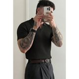Tarz Cool Premium Fitilli Triko Polo Yaka Erkek Old Money T-Shirt - Siyah