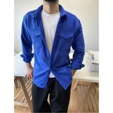 Tarz Cool Saks Erkek Slim Fit Çift Cep Kapaklı Oduncu Gömlek