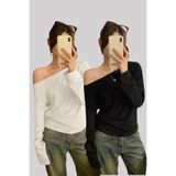 Tarz Cool Siyah Beyaz 2 Li Paket Kadın Düşük Omuz Kayık Yaka Oversize Uzun Kollu T-Shirt