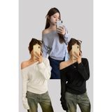 Tarz Cool Siyah Beyaz Gri 3 Lü Paket Kadın Düşük Omuz Kayık Yaka Oversize Uzun Kollu T-Shirt