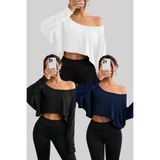 Tarz Cool Siyah - Beyaz - Lacivert 3lü Kadın Düşük Omuz Kayık Yaka Oversize Uzun Kollu Crop T-Shirt