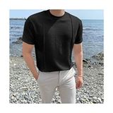 Tarz Cool Siyah Erkek Yuvarlak Yaka 2 Çizgili Örme Triko T-Shirt Standart Kol Akrilik Malzemeden Günlük Stil