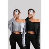 Tarz Cool Siyah - Gri 2Li Kadın Düşük Omuz Kayık Yaka Oversize Uzun Kollu Crop T-Shirt