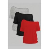 Tarz Cool Siyah Gri Kırmızı 3lü Paket Kadın Düşük Omuz Kayık Yaka Oversize T-Shirt
