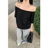 Tarz Cool Siyah Kadın Düşük Omuz Kayık Yaka Oversize T-Shirt