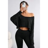 Tarz Cool Siyah Kadın Düşük Omuz Kayık Yaka Oversize Uzun Kollu Crop T-Shirt