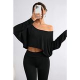 Tarz Cool Siyah Kadın Oversize Uzun Kollu Crop T-Shirt Kayık Yaka Pamuklu Düşük Omuz - S - M