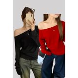 Tarz Cool Siyah Kırmızı 2 Li Paket Kadın Düşük Omuz Kayık Yaka Oversize Uzun Kollu T-Shirt